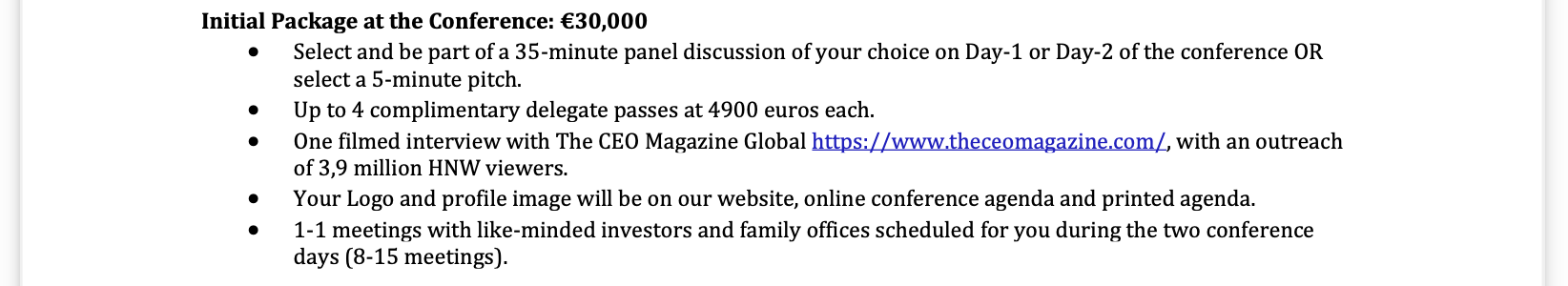 Ritossa Summit attendance packages with prices